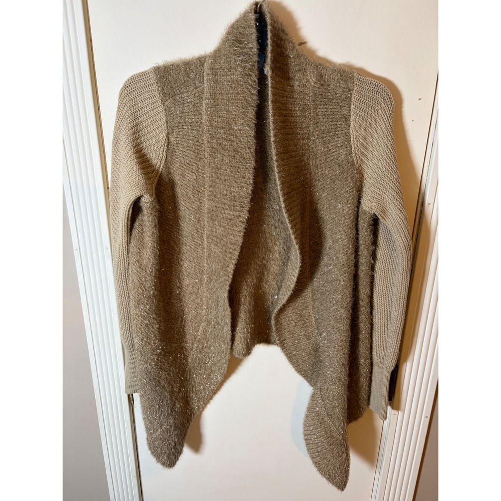 Simply Vera Vera Wang Tan Metallic Shimmer Open Front Draped Cardigan Large